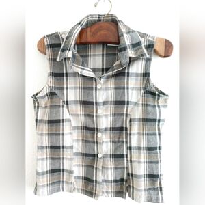 Vintage Erika & Co. Womens Sleeveless Summer Shirt Black Beige Plaid Check Small